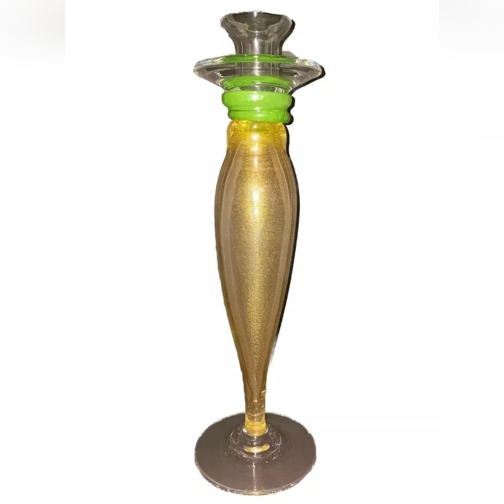 VTG Abigail glass candle holder made in Italy 15” Gold And Green Uranium GLOWS!!
